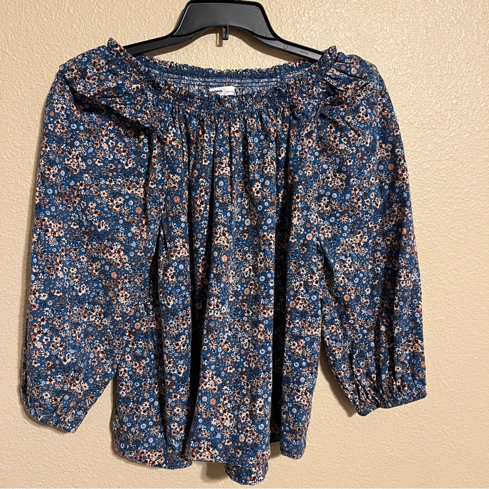 Sonoma Women’s XL Blue w/Brown & Tan Floral Print Long Sleeve Peasant Top